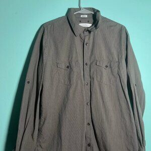 Calvin Klein Mens Button-Down Shirt Large Brown Vertical Stripped